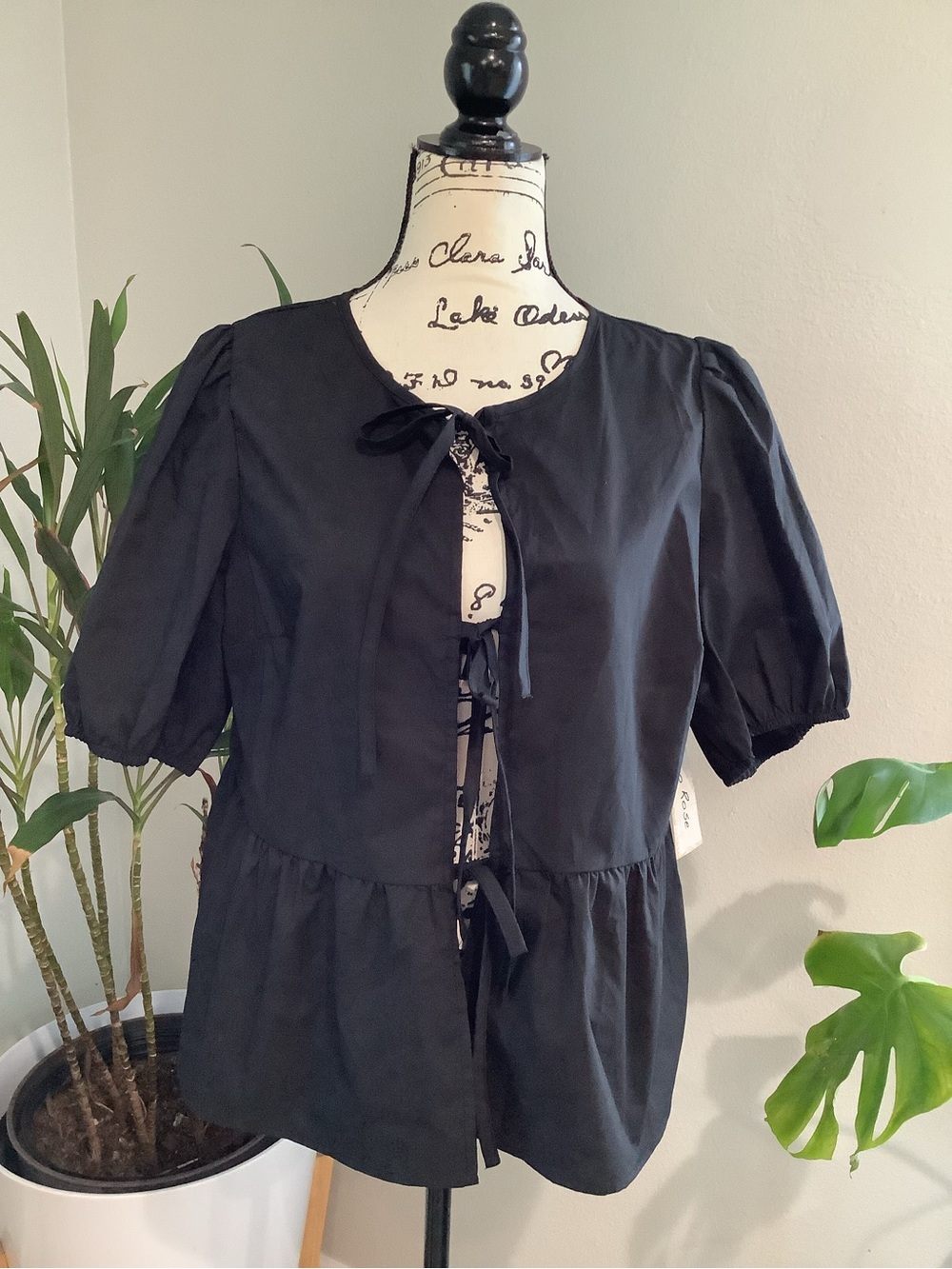 Black Tie-Front Peplum Blouse with Puff Sleeves NWT